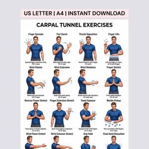 May include: A digital chart titled CARPAL TUNNEL EXERCISES featuring illustrations of a person in a blue shirt demonstrating twelve physical therapy movements with text instructions for each, labelled US LETTER | A4 | INSTANT DOWNLOAD.