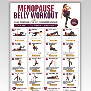 May include: A digital workout guide titled Menopause Belly Workout featuring 16 low-impact core and full-body exercises. The chart includes numbered illustrations of each movement, instructional text, repetition counts, and a daily checklist for tracking.