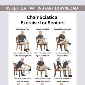 Peut inclure: Un guide imprimable intitulé "Exercices de Sciatique sur Chaise pour Seniors" avec des illustrations d'exercices assis. Le guide comprend des instructions pour des exercices comme la torsion spinale assise et le genou à la poitrine, conçus pour les seniors.