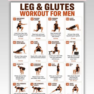 Könnte beinhalten: Ein weißes Informationsplakat mit dem Titel LEG & GLUTES WORKOUT FOR MEN mit sechzehn nummerierten Übungsfeldern. Jedes Feld zeigt eine braun getönte Illustration einer Person, die eine bestimmte Bewegung mit Anweisungen ausführt.