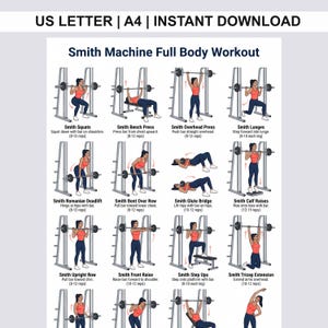 以下が含まれることがあります： 「Smith Machine Full Body Workout」と題されたデジタルワークアウトチャート。スクワット、ベンチプレス、オーバーヘッドプレス、ランジ、デッドリフト、ローイング、グルートブリッジ、カーフレイズ、アップライトロウ、フロントレイズ、ステップアップ、トライセプスエクステンションのイラストが描かれています。