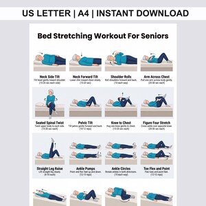 Puede incluir: Un cartel instructivo digital titulado Bed Stretching Workout For Seniors, que muestra ilustraciones de una persona con camisa azul verdoso y pantalones oscuros realizando varios ejercicios en una cama, con etiquetas de texto e instrucciones.