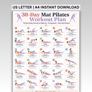 Può includere: Un piano di allenamento di Pilates su tappetino di 30 giorni con 30 illustrazioni numerate di posizioni di esercizio e istruzioni testuali. Il documento include il titolo 30-Day Mat Pilates Workout Plan e indica il formato US Letter e A4.