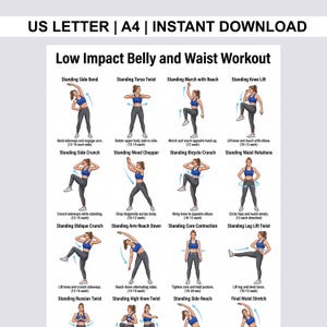 Può includere: Una tabella di esercizi intitolata Low Impact Belly and Waist Workout con illustrazioni di movimenti come Standing Side Bend e Standing Bicycle Crunch. Il testo US LETTER | A4 | INSTANT DOWNLOAD appare in cima alla pagina.