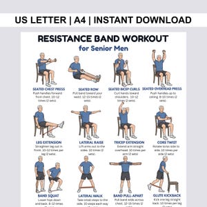 May include: A workout guide for senior men featuring exercises with resistance bands. The illustrated guide shows various exercises, including seated chest press, seated row, bicep curls, overhead press, leg extension, lateral raise, tricep extension, core twist, band squat, lateral walk, band pull-apart, and glute kickback.