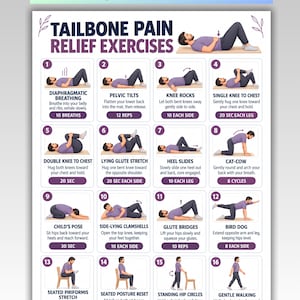 May include: A digital chart titled TAILBONE PAIN RELIEF EXERCISES featuring sixteen numbered illustrations of a person in a purple shirt and dark pants performing various physical therapy movements with instructional text and repetition counts.