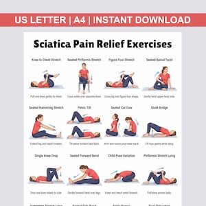 May include: A printable guide titled "Sciatica Pain Relief Exercises" with illustrations of various stretches. The guide includes exercises like Knee to Chest Stretch, Seated Piriformis Stretch, and Figure Four Stretch, designed to alleviate sciatica pain.