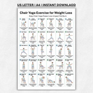 May include: A white informational poster titled Chair Yoga Exercise for Weight Loss featuring thirty numbered illustrations of individuals performing various seated yoga poses on a chair, with text descriptions and repetition counts for each exercise.