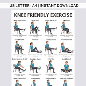 May include: A digital chart titled Knee Friendly Exercise featuring sixteen illustrations of a person in a blue shirt and black leggings performing various seated movements. Text includes instructions for leg extensions, marches, and stretches.