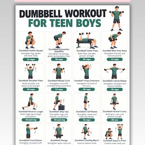 May include: A digital workout chart titled DUMBBELL WORKOUT FOR TEEN BOYS, featuring sixteen illustrated exercises with instructions and repetition counts. The layout includes US LETTER | A4 INSTANT DOWNLOAD text at the top and a footer.