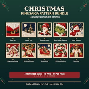 Könnte beinhalten: Ein Kinusaiga-Weihnachtsmuster-Paket mit 10 einzigartigen Designs, darunter Weihnachtsmann, Wichtel, Schneemann, Lebkuchenhaus, Rentier, Schlitten, Strumpf und Nussknacker. Enthält 4 druckbare Größen: 15, 18, 20 und 25 cm.
