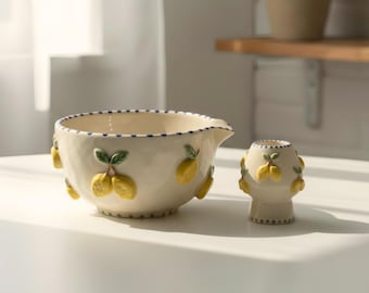 Handmade Lemon Matcha Bowl Set – Ceramic Matcha Kit with Spout, Whisk Holder & Chasen, Aesthetic Tea Set, Gift for Her, Cozy Ritual Decor