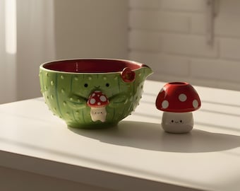 Conjunto de chá matcha em formato de cacto, com suporte para batedor em formato de cogumelo, conjunto de chá matcha de cerâmica kawaii, conjunto de chá cottagecore, presente para ela, decoração de cozinha estética