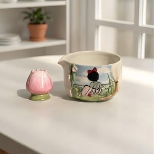 Handmade Magical Witch Matcha Bowl Set | 3D Bakery Window & Red Bow Chawan | Whimsical Gift for Anime Lovers | Unique Birthday Gift for Her