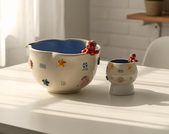 オーシャン抹茶ボウルセット – タコのディテールが施された手作りのセラミック抹茶セット、抹茶ボウル、竹製の茶筅と茶筅立て、抹茶好きへのユニークなギフト