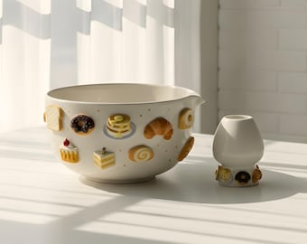 Dessert Matcha Bowl Set, Cute Ceramic Matcha Kit, Donut Croissant Bowl, Handmade Kawaii Matcha Cup, Gift for Her, Cozy Tea Ritual Set