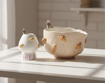 Handmade Matcha Bowl Set with Mouse & Bread Details, Ceramic Chawan with Whisk Holder And Chasen, Cute Matcha Kit, Gift for Matcha Lovers