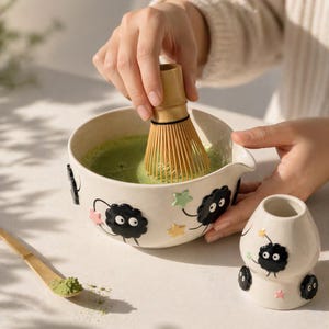 Handmade Soot Sprite Ceramic Matcha Set - Personalized Spouted Chawan Whisk Holder - Aesthetic Whimsical Tea Ritual Set - Unique Gift