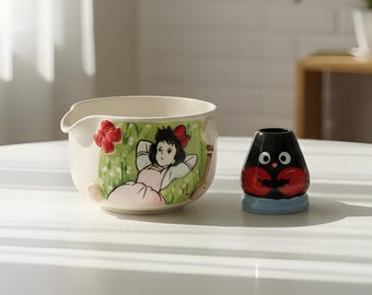 Matcha Bowl Set with Whisk Holder - Anime Inspired Aesthetic Design - Tea Ritual & Gift for Her - Handmade Ceramic - Birthday Gift