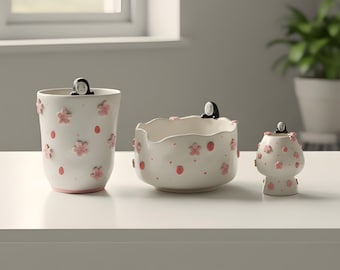Handmade Cherry Blossom Matcha Set – Ceramic Matcha Bowl, Whisk Holder & Cup, Cute Faceless Character Tea Set, Aesthetic Gift for Her