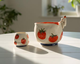 Handmade Tomato Matcha Bowl Set with Bunny Detail – Ceramic Chawan with Spout, Whisk Holder & Chasen – Cute Aesthetic Tea Set Gift
