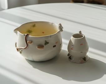Handgefertigtes Keramik-Matcha-Set mit Ausgießer - Naturinspirierte Matcha-Schale, Bambus-Schneebesen & Halter, gemütliches Teeritual-Geschenk-Set