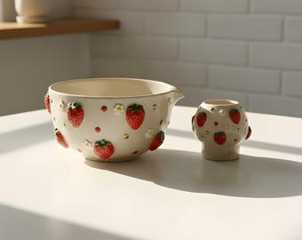 Strawberry Matcha Bowl Set, Handmade Ceramic Chawan with Whisk Holder, Aesthetic Matcha Kit, Cottagecore Tea Set, Gift for Her