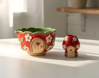 Handmade Mushroom House Matcha Bowl | 3D Fairytale Cottage Chawan | Unique Gift for Nature Lovers | Sculpted Ceramic Tea Set with Spout