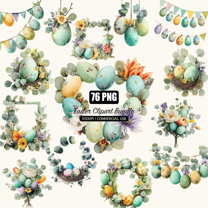 Watercolor Easter Clipart Bundle PNG Transparent Background Commercial ...
