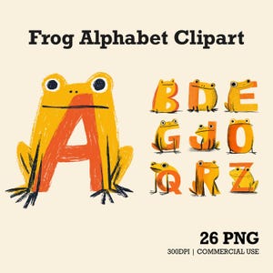 May include: Illustration of a frog alphabet clipart. The letters are designed as frogs in yellow and orange. The image includes the letters A, B, D, E, G, J, O, Q, R, and Z. The text "26 PNG" and "300DPI | COMMERCIAL USE" is also included.