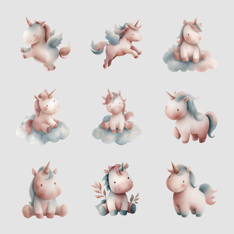 Cute Watercolor Unicorn Clipart Bundle PNG, Pastel Baby Unicorn ...