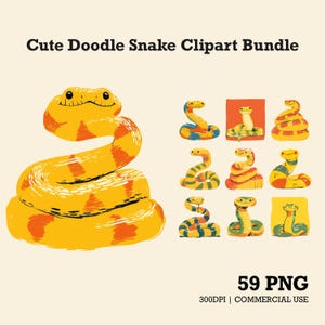 Op de afbeelding: Een digitale illustratieset getiteld Cute Doodle Snake Clipart Bundle met een grote gele en oranje slang en acht kleinere slangvariaties in verschillende houdingen en kleuren, met de tekst 59 PNG 300DPI | COMMERCIAL USE onderaan.