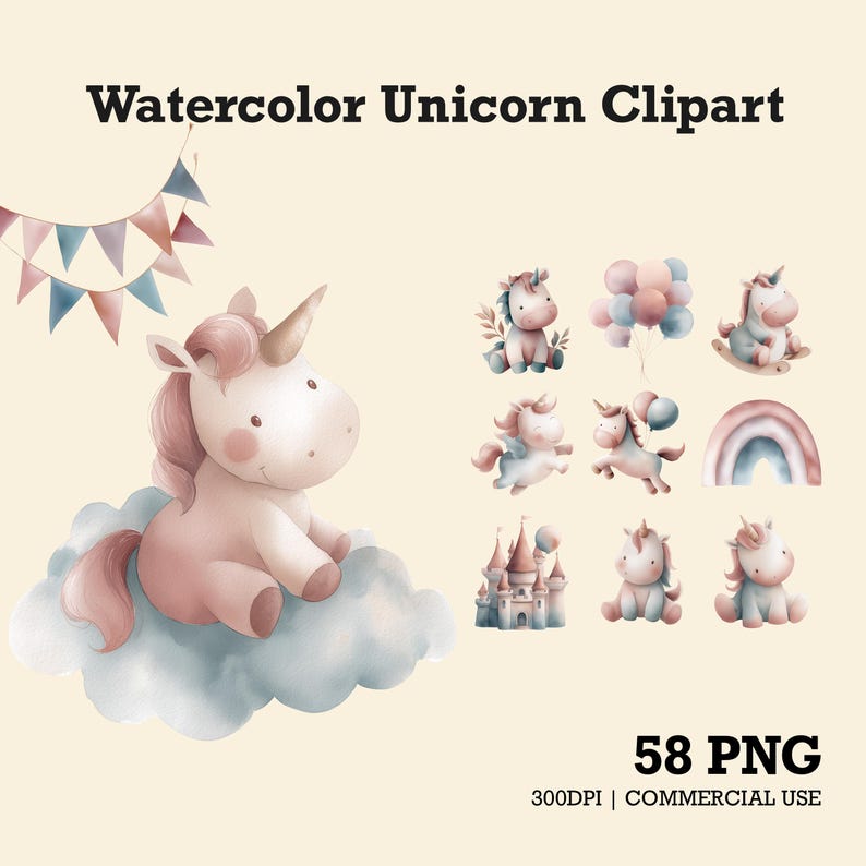Cute Watercolor Unicorn Clipart Bundle PNG, Pastel Baby Unicorn ...