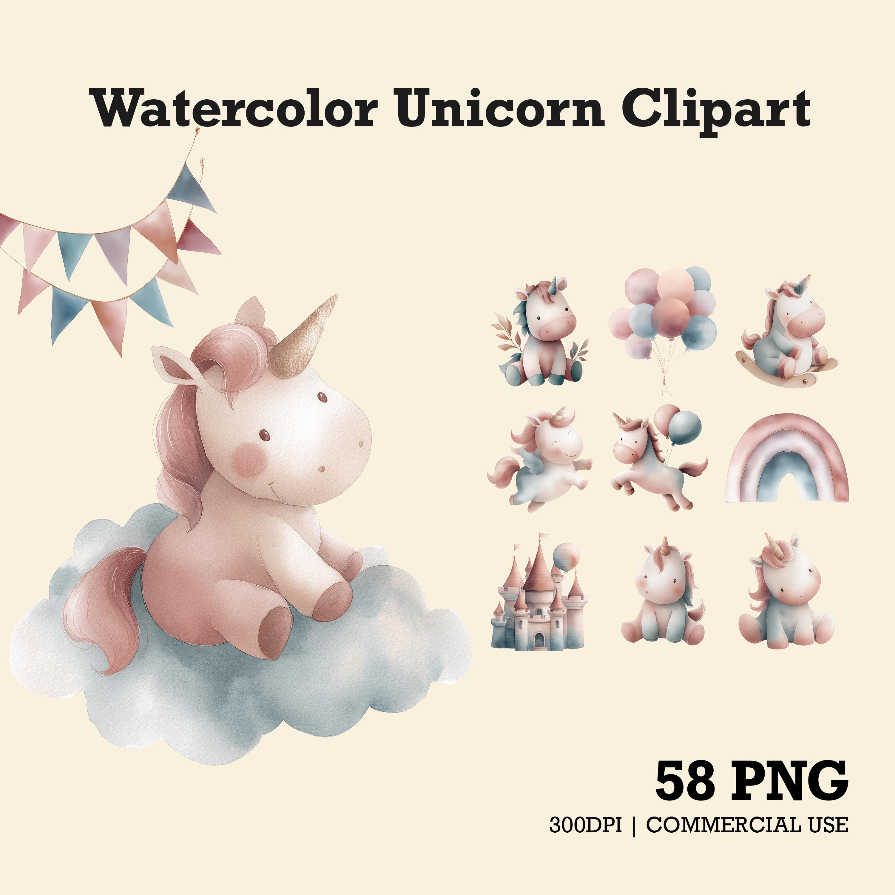 Cute Watercolor Unicorn Clipart Bundle PNG, Pastel Baby Unicorn ...