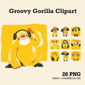 Groovy Gorilla Clipart PNG-paket, djurgrafik i retrokritstil, funky safariapaillustration, vintagedekorationsset för barn