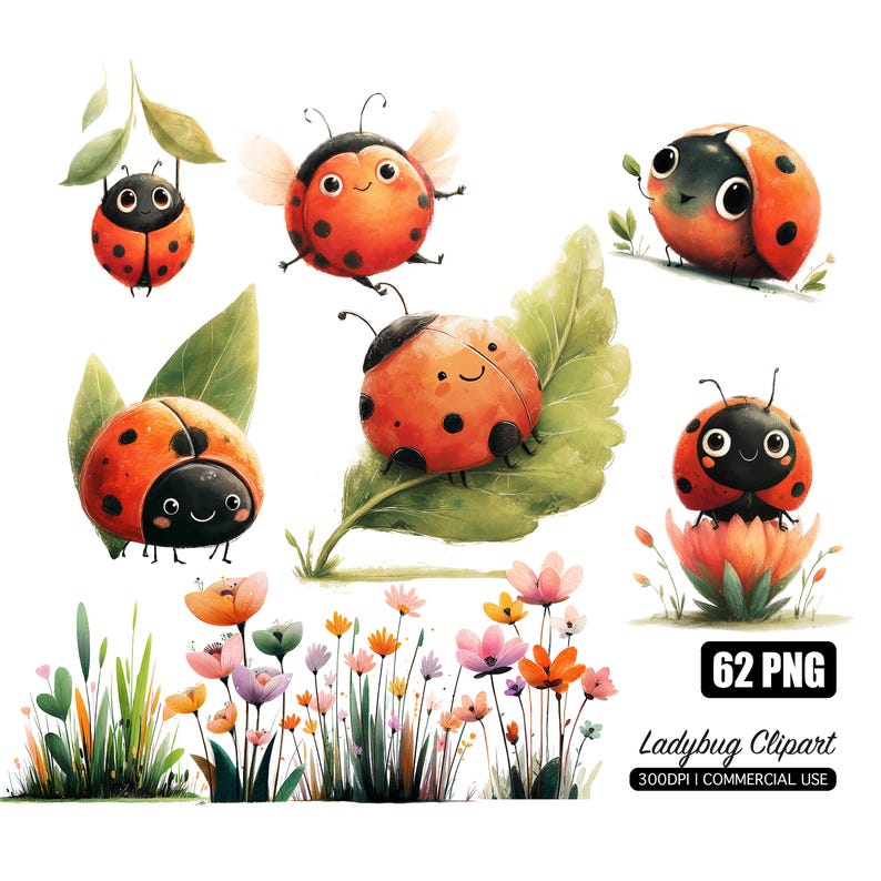 Watercolor Ladybug Clipart PNG Bundle With Transparent Background for ...