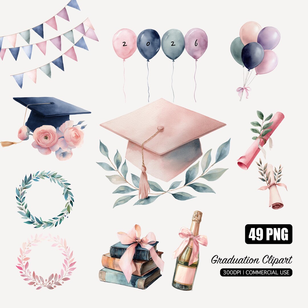 Watercolor Pink Graduation Clipart PNG Commercial Use Cute Feminine ...