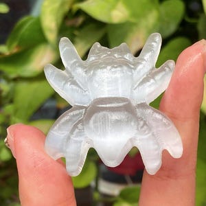 Figura de araña de yeso translúcido tallada en cristal de selenita natural, estatua de arácnido de cristal, decoración de cristal con temática de brujas.