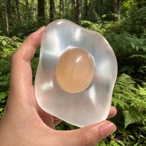 May include: A polished, translucent white selenite crystal shaped like a fried egg, featuring a smooth, rounded, opaque peach-colored center stone embedded in the middle of the clear, irregular, organic-shaped white crystal base.