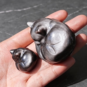 May include: Two polished, dark grey cat figurines, one large and one small, are nestled in a hand. The cats are curled up, with smooth, reflective surfaces. The figurines appear to be made of stone or a similar material.