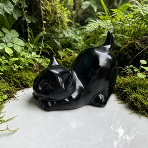 Peut inclure: Une figurine en pierre noire polie et lisse sculptée en forme de chat dans une position accroupie et joueuse. Le chat présente des oreilles pointues, une queue courbée et une surface lisse et réfléchissante qui capte la lumière.