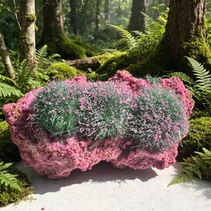 May include: A textured, bright pink rock-like planter base holding three rounded, spiky green plants with tiny pink floral accents. The structure has a porous, uneven surface and sits on a flat white surface, showcasing a contrast between the vibrant pink base and the green foliage.