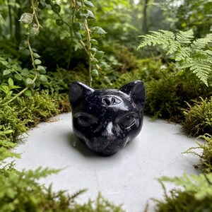 Könnte beinhalten: Eine polierte, dunkelviolette und schwarze Steinschnitzerei in Form eines Katzenkopfes mit einem auf die Stirn gravierten Symbol für ein drittes Auge. Die Katze hat spitze Ohren, mandelförmige Augen und eine kleine Nase mit glatter Oberfläche.