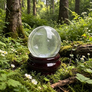 May include: A clear, spherical glass orb resting on a polished, dark reddish-brown wooden stand. The smooth, transparent sphere reflects the surrounding environment, showcasing a glossy surface and a solid, circular base with a curved profile.