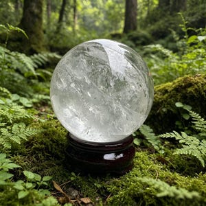 Puede incluir: Una bola de cristal esférica y transparente con fracturas e inclusiones internas visibles, que descansa sobre un soporte circular de madera de color marrón oscuro pulido. La esfera es transparente y refleja la luz en su superficie.