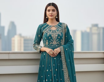 Besticktes Anarkali Anzug-Set | Damen Festtags- & Hochzeitskleidung Kleid | Florales Ethnisches Kurta mit Dupatta