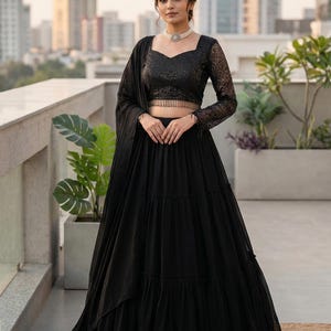 Black Ruffle Pattern with Sequence Embroidery Lehenga Choli: Indian Wedding Dress ( Fully Sttitched )