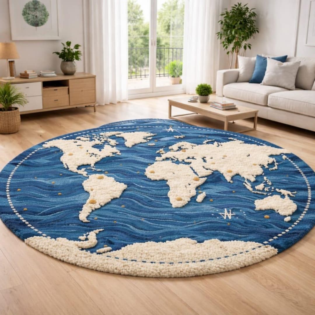 World Map Hand Tufted Round Rug Modern Blue and Ivory Global Design ...