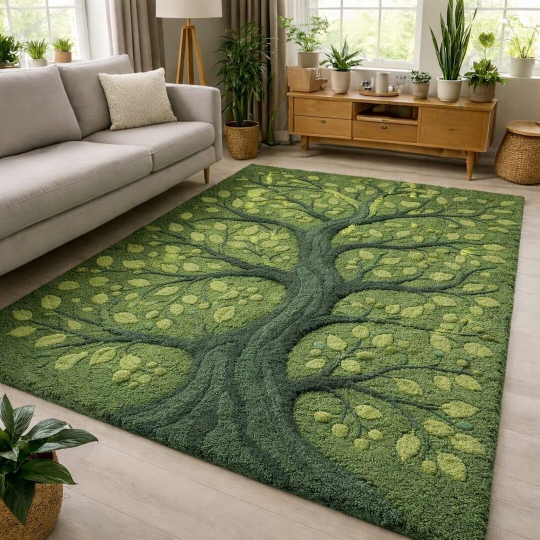 A Nature Inspired Green Rug Featuring a Serene Tree Motif That Brings ...