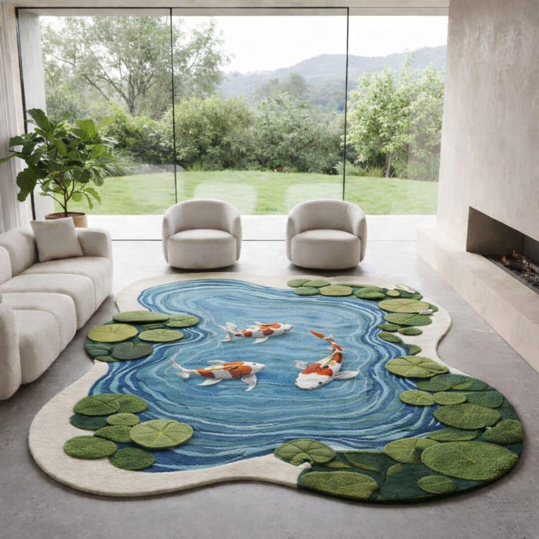 Pond/water Rug Koi Pond Hand Tufted Area Rug Natural Inspired Water Lily Design - Etsy